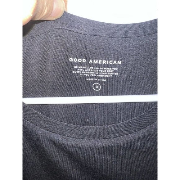 GOOD American Dress Size 3 Large Black Midi Slinky Ruched Jersey Long Sleeve T - Picture 6 of 13